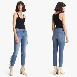 Mother High Waisted Double Looker Hover Jeans First Mate Blue Raw Hem Sz 26